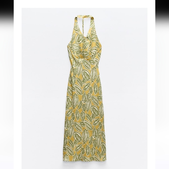 Zara Linen Blend Leaf Pattern Midi Dress Size Large Green, Yellow & Cream - Picture 5 of 14